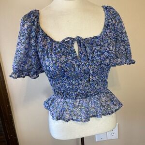 Indulge In Style S Boho‎ Peasant Crop Short Sleeve Floral Print Top Blue Pink
